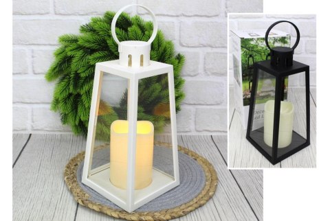Lampion, latarnia szkło-plastik LED trapez z jedną swiecą mix biały i czarny 34x13 cm AE-7296 Lampion, latarnia szkło-plastik LED trapez z jedną swiecą mix biały i czarny 34x13 cm AE-7296