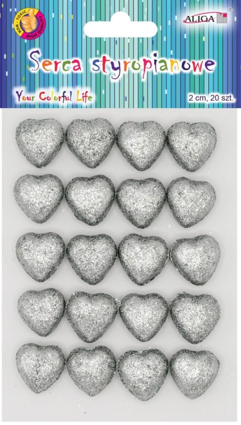 Serca styropianowe brokatowe srebrne 2cm 20szt. | BBS-04 Serca styropianowe brokatowe srebrne 2cm 20szt. | BBS-04