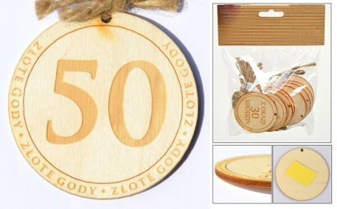 Zawieszka drewniana lub do przyklejenia z tekstem ''50'' 10 szt. ozd-005 Zawieszka drewniana lub do przyklejenia z tekstem ''50'' 10 szt. ozd-005