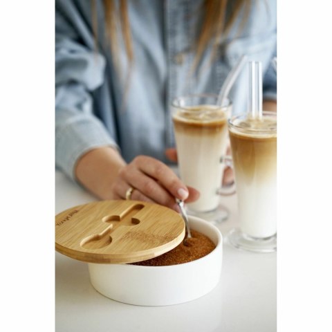 Cukiernica porcelanowa z bambusową pokrywką i łyżeczką Konighoffer 14,5 x 5 cm biała Cukiernica porcelanowa z bambusową pokrywką i łyżeczką Konighoffer 14,5 x 5 cm biała