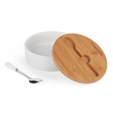 Cukiernica porcelanowa z bambusową pokrywką i łyżeczką Konighoffer 14,5 x 5 cm biała Cukiernica porcelanowa z bambusową pokrywką i łyżeczką Konighoffer 14,5 x 5 cm biała