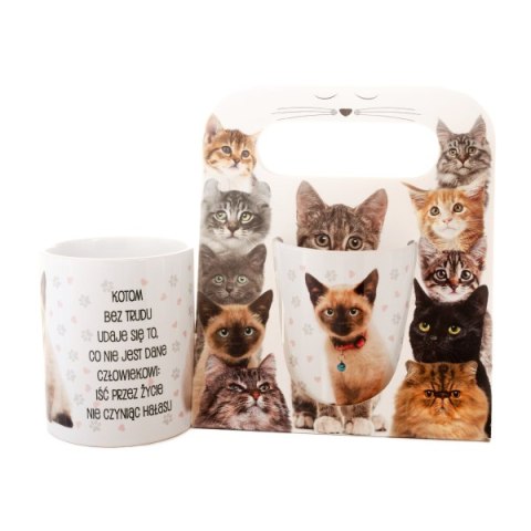 Kubek ceramiczny w ozdobnym opakowaniu z napisem "Kotom bez trudu udaje się to..." Kubek ceramiczny w ozdobnym opakowaniu z napisem "Kotom bez trudu udaje się to..."