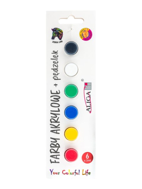 Farby akrylowe z pędzelkiem mix kolorów 6x3ml | FTM-9525 Farby akrylowe z pędzelkiem mix kolorów 6x3ml | FTM-9525