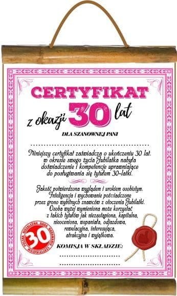Dyplom certyfikat 30 lat Pani Dyplom certyfikat 30 lat Pani