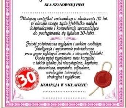 Dyplom certyfikat 30 lat Pani