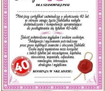 Dyplom certyfikat 40 lat Pani Dyplom certyfikat 40 lat Pani