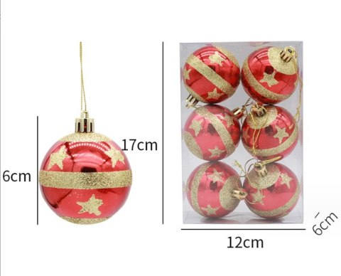 Bombki 6cm CZERWONE w złote gwiazdki 6szt. | XVA-107 Bombki 6cm CZERWONE w złote gwiazdki 6szt. | XVA-107