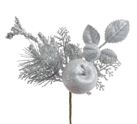 Pik brokacony z jabłuszkiem - sztuczna gałązka 18cm. Srebrny 162CAN464 Pik brokacony z jabłuszkiem - sztuczna gałązka 18cm. Srebrny 162CAN464