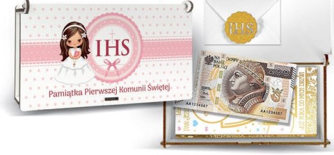 Pudełko na pieniądze i czekoladę 10 x 19cm KOMUNIA ŚW RÓŻOWE Pudełko na pieniądze i czekoladę 10 x 19cm KOMUNIA ŚW RÓŻOWE