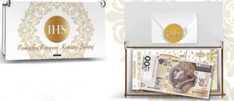 Pudełko na pieniądze i czekoladę 10 x 19cm KOMUNIA ŚW ZŁTY IHS Pudełko na pieniądze i czekoladę 10 x 19cm KOMUNIA ŚW ZŁTY IHS