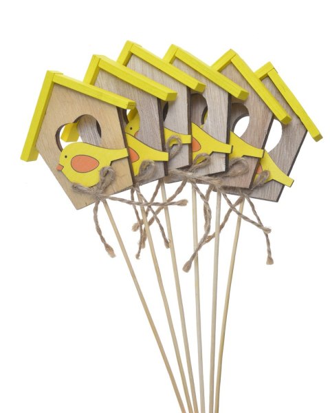 Drewniany domek 7,5 x 0,5 x 7,5cm na piku 22cm 6szt. HHF-23080_YL Drewniany domek 7,5 x 0,5 x 7,5cm na piku 22cm 6szt. HHF-23080_YL