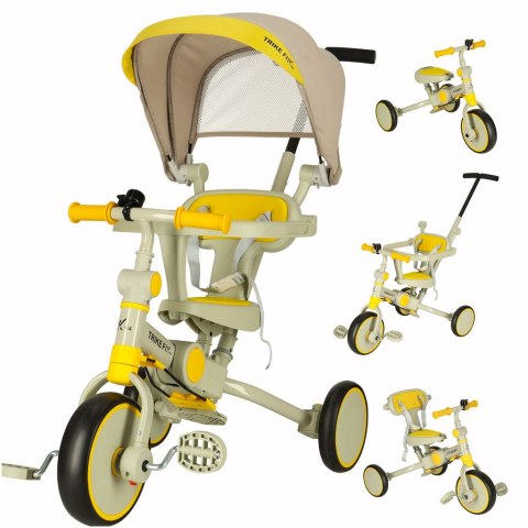Rowerek trójkołowy TRIKE FIX V4 rower biegowy 6w1 daszek prowadnik pasy żółty szary Rowerek trójkołowy TRIKE FIX V4 rower biegowy 6w1 daszek prowadnik pasy żółty szary
