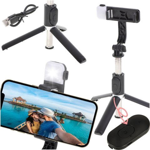 Kijek do selfie lampka LED statyw tripod czarny Kijek do selfie lampka LED statyw tripod czarny
