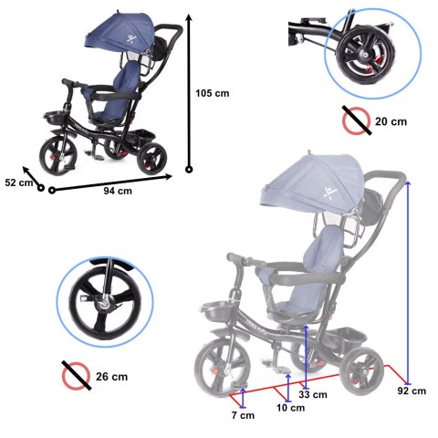 Rowerek trójkołowy Trike Fix Lite 3w1 z daszkiem obracany regulowany spacerówka prowadnik pasy granatowy Rowerek trójkołowy Trike Fix Lite 3w1 z daszkiem obracany regulowany spacerówka prowadnik pasy granatowy